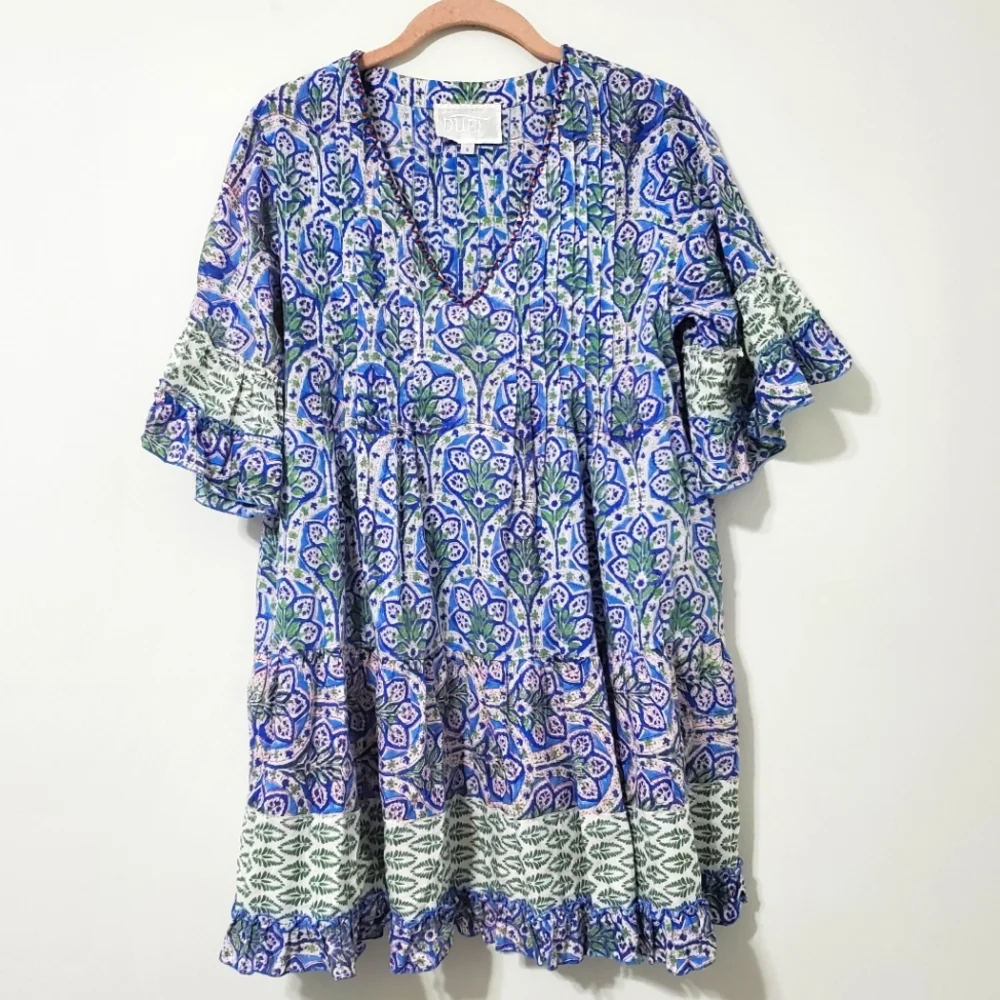 Anthropologie Duet Frill Tiered Mini Dress Cover-Up Blue Multi Small - Picture 2 of 13